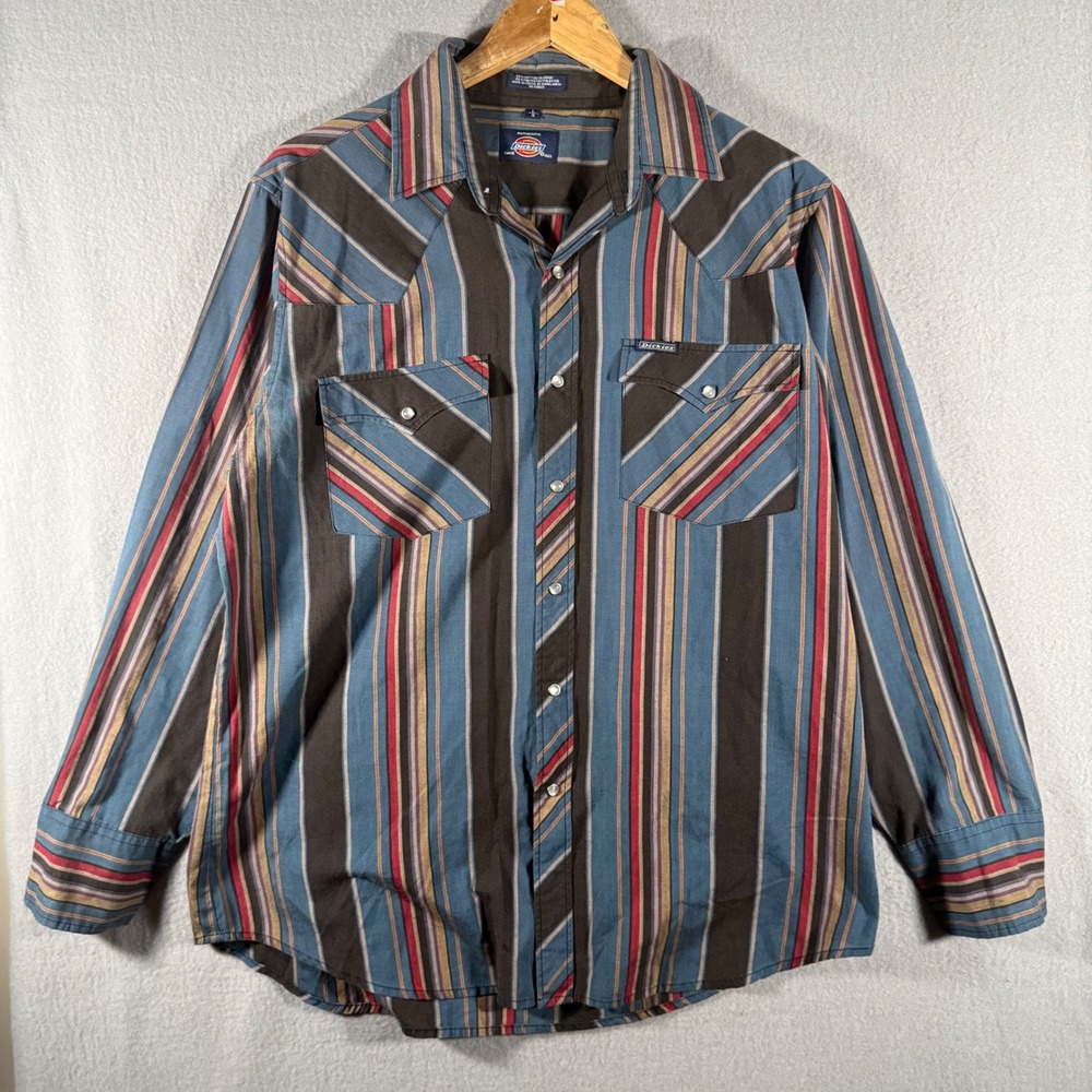 Dickies Mens Vintage Pearl Snap Western Shirt Blue Brown Striped Large